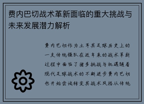 费内巴切战术革新面临的重大挑战与未来发展潜力解析