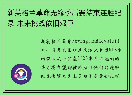 新英格兰革命无缘季后赛结束连胜纪录 未来挑战依旧艰巨 新英格兰革命无缘季后赛结束连胜纪录 未来挑战依旧艰巨